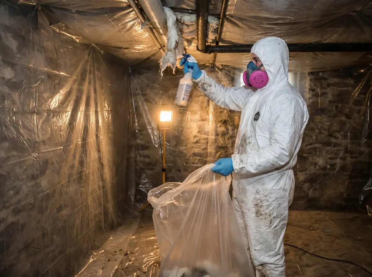 Technician in protective suit and respirator removing pipe insulation inside plastic containment