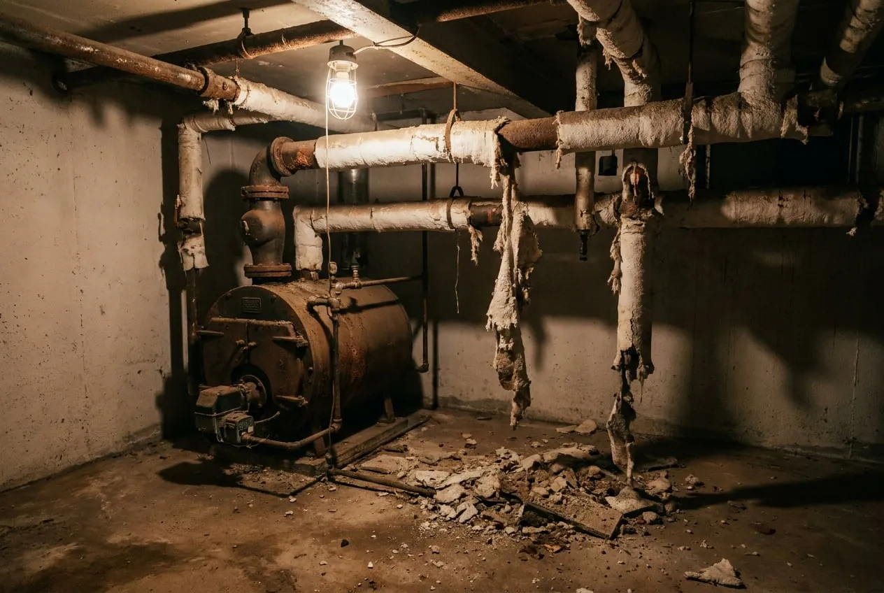 Before: Asbestos pipe insulation