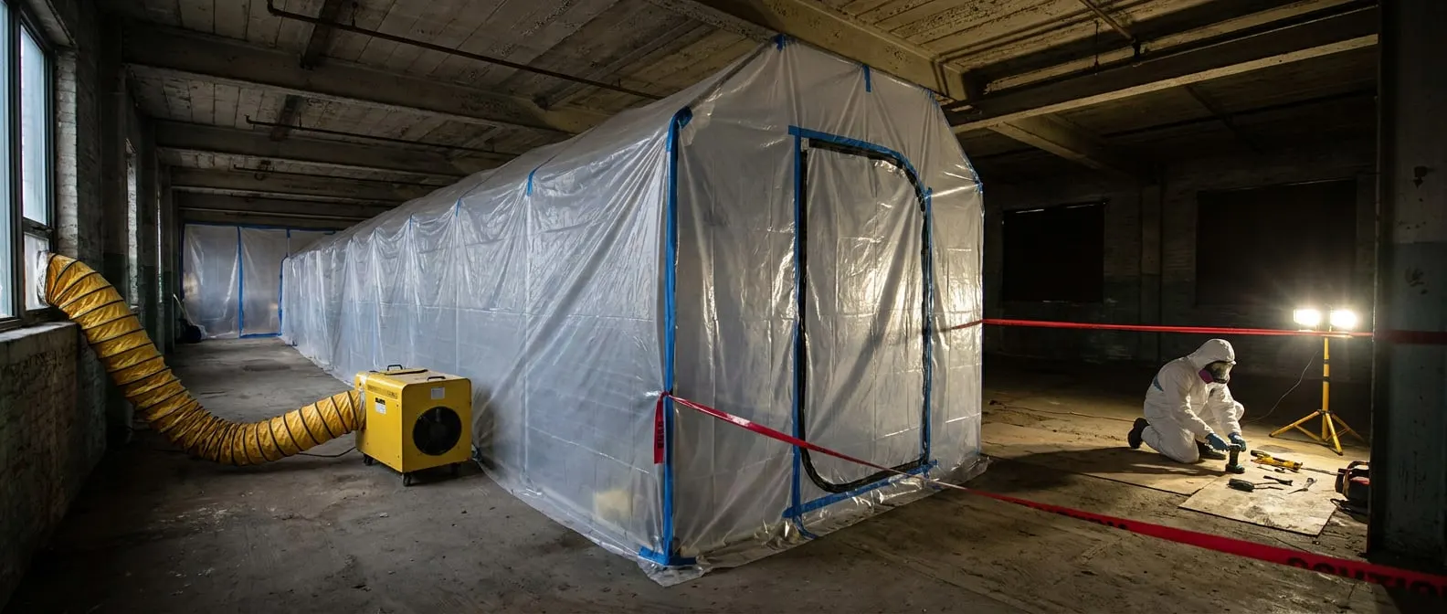 Technician working inside plastic containment with a negative air machine during an abatement project