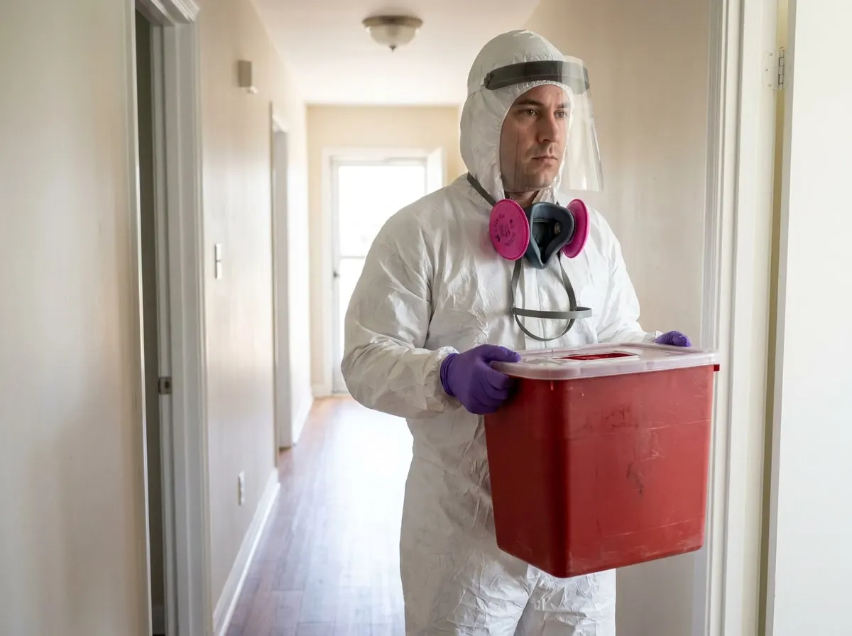 Technician in full protective gear carrying sealed biohazard waste containers