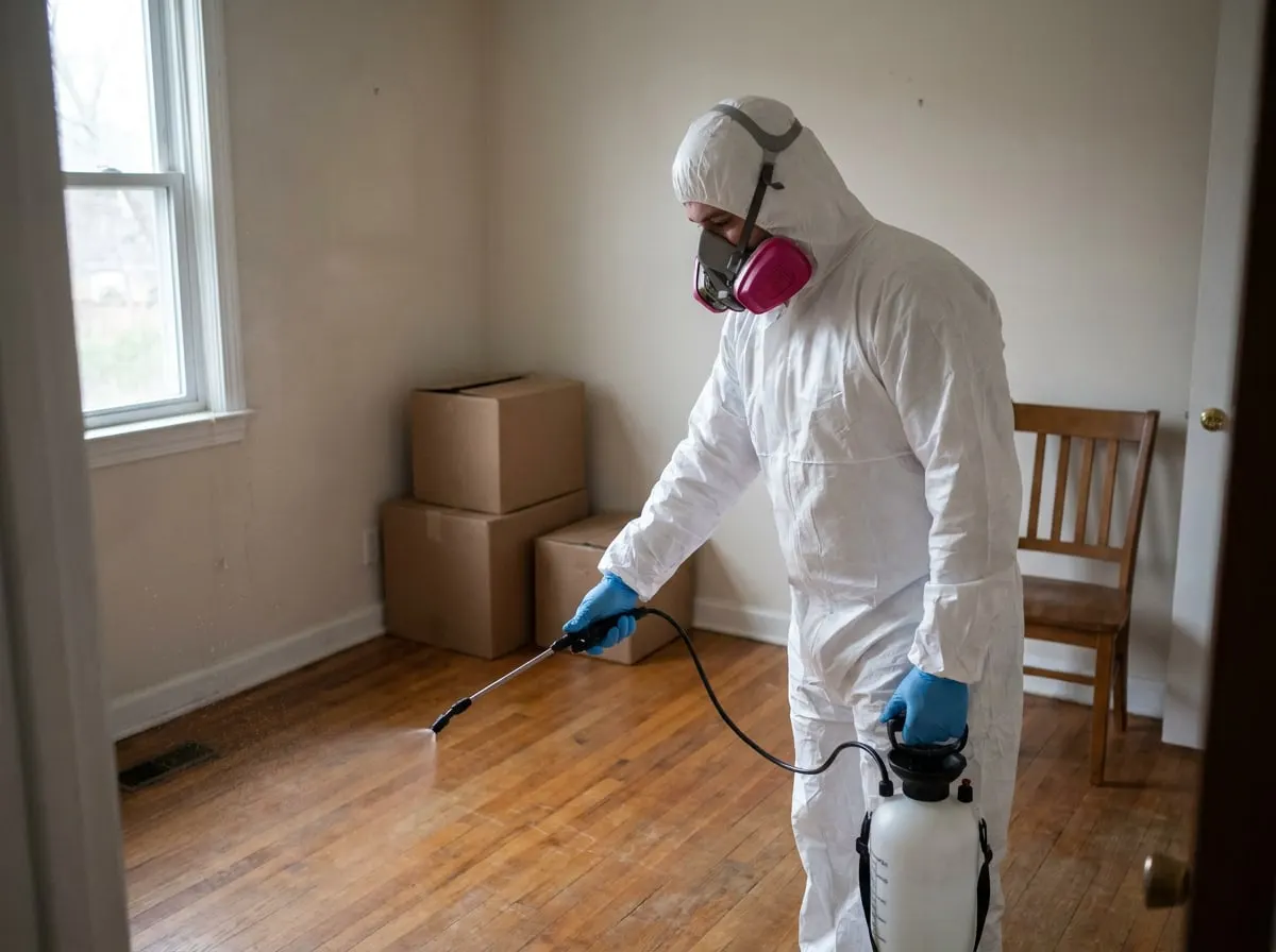 Technician in protective suit disinfecting the floor of an empty room
