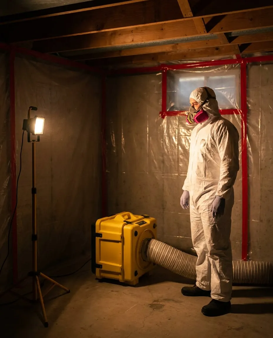 Remediation technician in a protective suit and respirator working inside plastic containment
