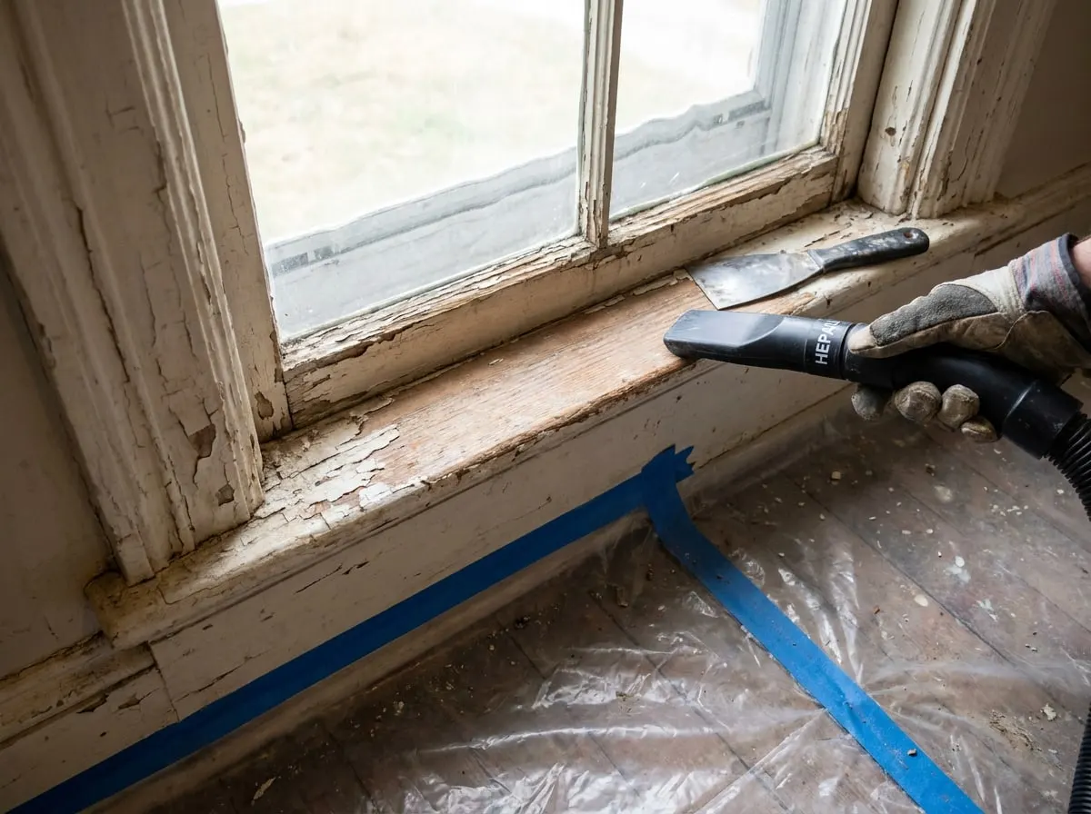 Peeling old paint on a historic window frame with plastic sheeting laid below
