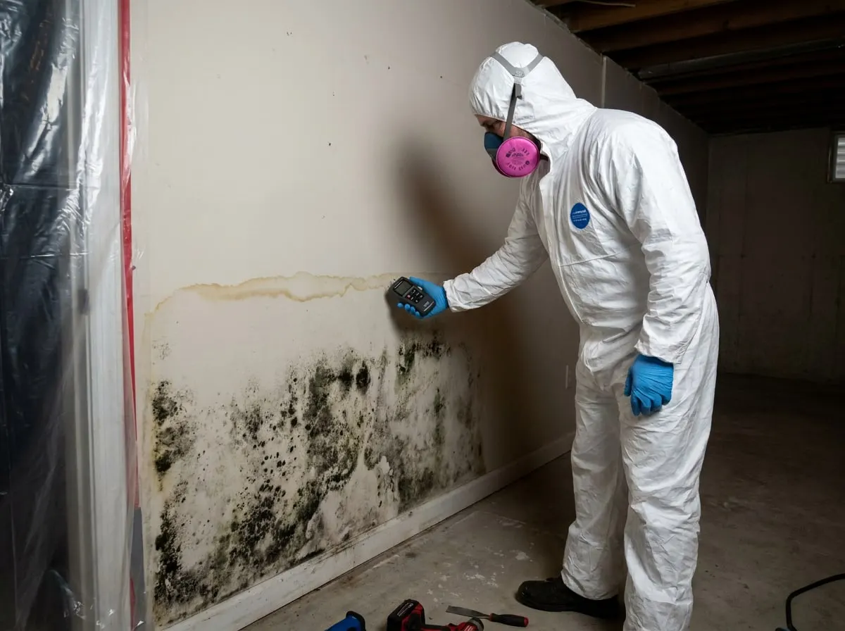 Mold growth on basement drywall being inspected by a technician with a moisture meter