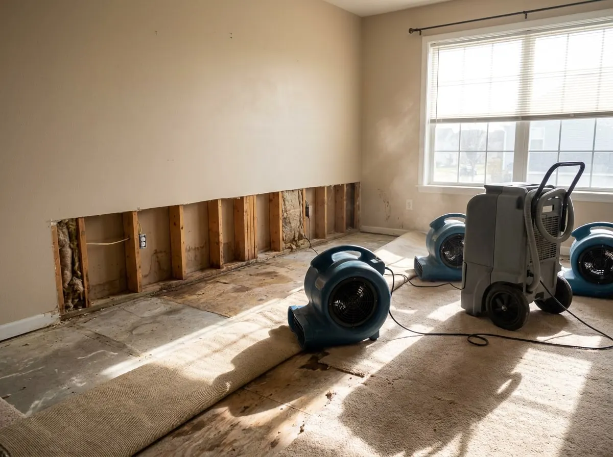Commercial air movers and a dehumidifier drying a water-damaged room with cut-away drywall